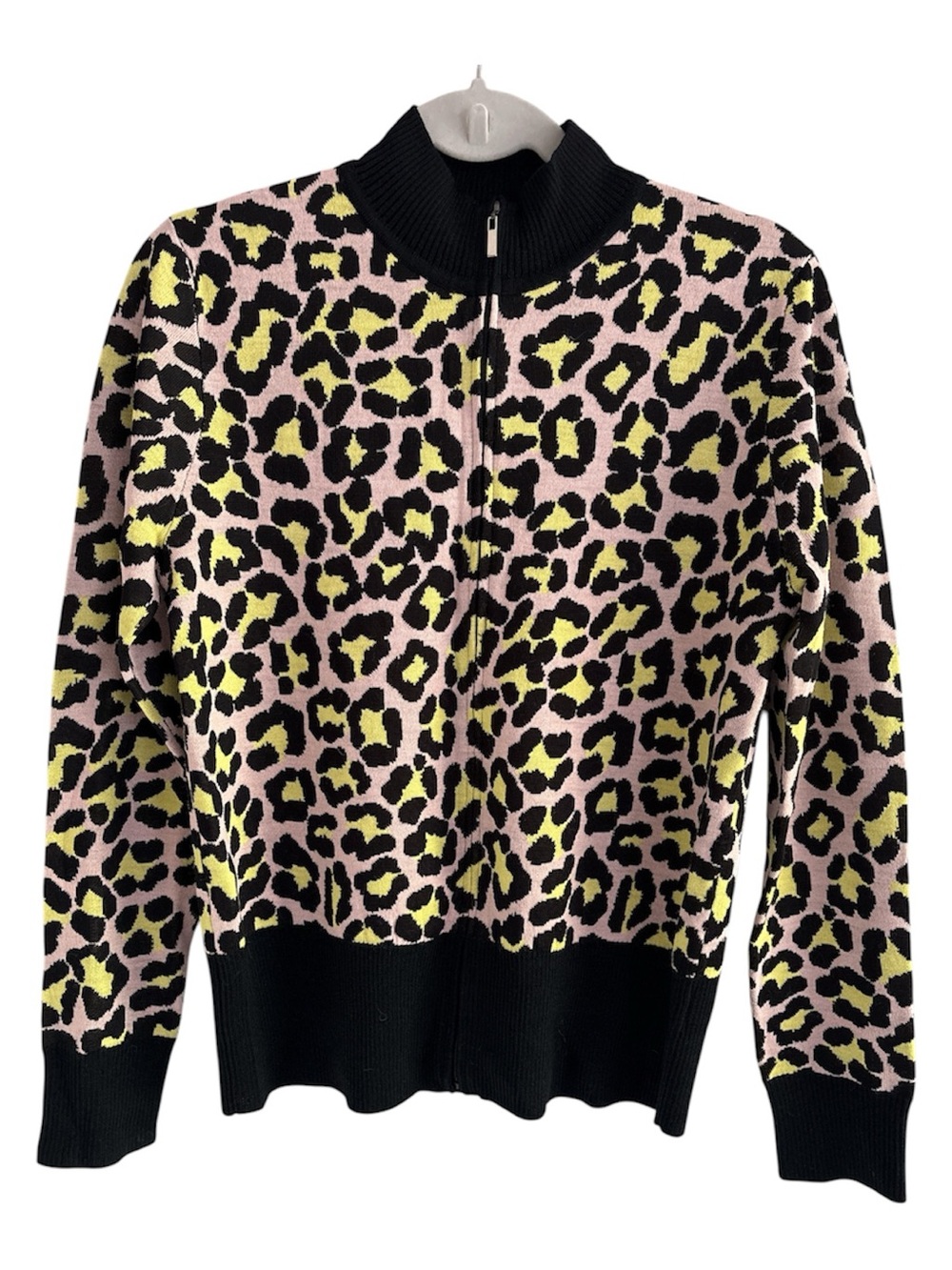 St. John Mock Turtleneck Full Zip Sweater Animal Print Sz S